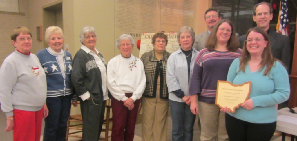OHRAB presentation to Clark County Historical Society, February 6, 2013. Left to right: Flossie Hulsizer, Marty Castle, Marguerite Brinkman, Ruth Stiles, Pat Baker, Virginia Warren, and Mel Glover (project volunteers); Pari Swift and Galen Wilson (OHRAB Representatives); Natalie Fritz (project coordinator)